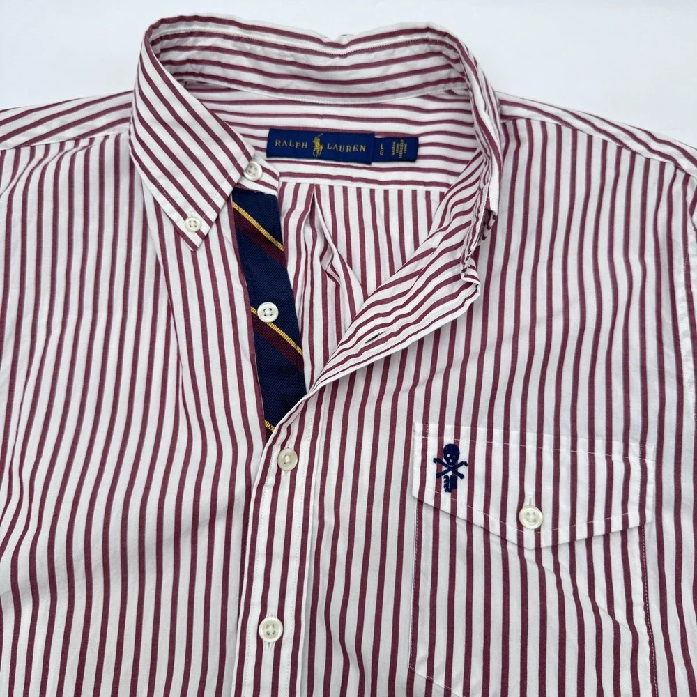 Ralph Lauren Men's S Red/White Striped LS Cotton Woven Button-Up Button-Down